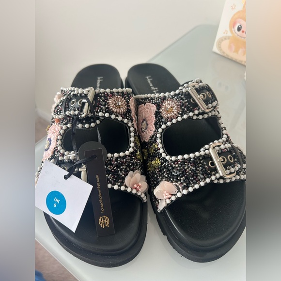 House of Harlow 1960 Shoes - House of Harlow 1960 Black Beaded Sandals with Floral Design